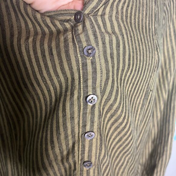 Homefrocks Womens Dress Sz L Olive Brown Stripe Luxe Artisan Linen Made in USA - Picture 5 of 12